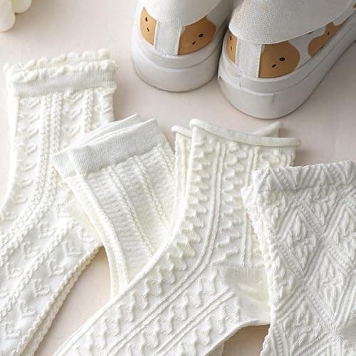Tyadorw 5 Pair White Cute Ankle Socks for Women Coquette Cable Knit Long Cotton Lace Ruffle Frilly Cottagecore FLoral Socks thumbnail 2