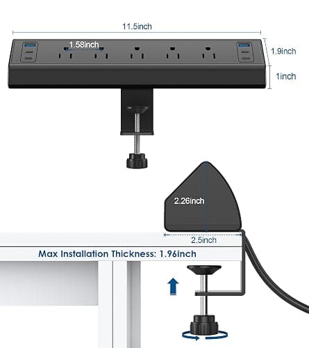 Desk Clamp Power Strip USB C,40W Total Fast Charging Station,4 PD 20W USB C Ports,Desk Edge Mount Power Strip 6 USB Ports 5 AC Outlets Surge Protector,6ft Cord,Fit 1.96" Tabletop Edge - 5 Outlets & 6 USB Ports - Black thumbnail 7