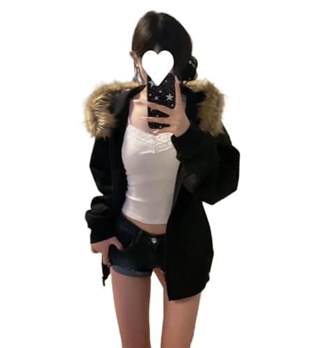 HOHOPEACH Y2k Zip Up Hoodie Fur Jackets Winter Coats Teen Emo Grunge 2000s Clothes Vintage Streetwear Women - Image 1