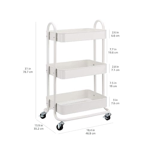 Amazon Basics 3-Tier Rolling Utility Cart, Storage Organizer, Lockable Wheels, Multifunctional Storage, Portable Mobile Shelving Unit, White thumbnail 3