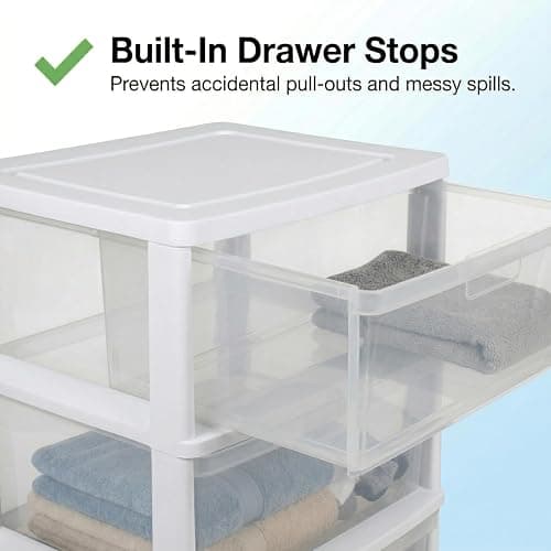 Wide 3 Drawer Plastic Storage Tower with Clear Removable Bins, 15.6" x 21" x 25.2" Organizer Unit with Drawer Stops and Easy-Pull Handles for Closet, Dorm, and Office Organization, White thumbnail 3