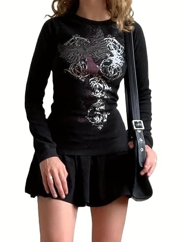 Women Vintage Y2K Graphic Sweatshirt Grunge Punk Gothic Slim Fit Long Sleeve Crop Top Sexy Autumn Streetwear thumbnail 3