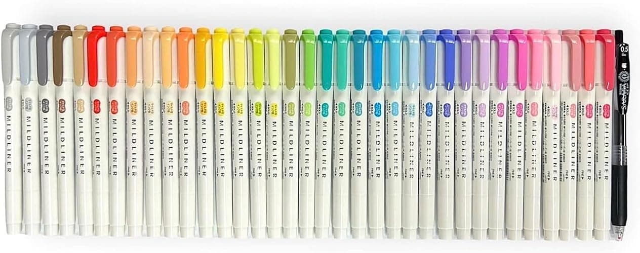 Zebra Mildliner Soft Color Double-Sided Highlighter Pens 35 Full Color Assorted with Sarasa Clip Pen Black 0.5mm and Original Vinyl Pen Case - Image 1