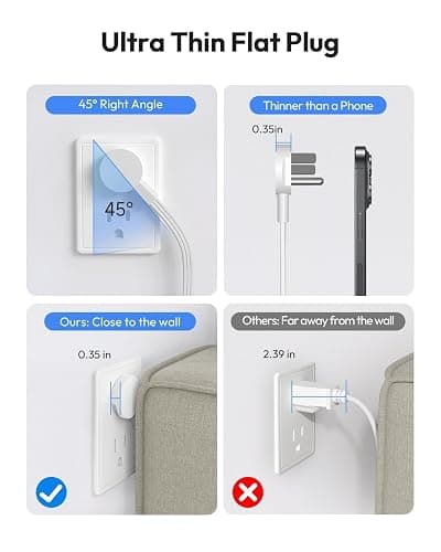 Surge Protector Power Strip 10 FT, Flat Extension Cord with 9 Widely Outlets 3 USB Ports(1 USB C), 1080J, Flat Plug, 3 Side Extension Cord with Multiple Outlets, Mounted, for Indoor Home Office, White - 10FT - White thumbnail 9