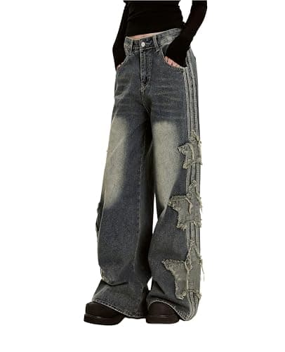 Lafaguw Baggy Jeans Star Patchwork High Waist Loose Pants Grunge Emo Clothing thumbnail 2