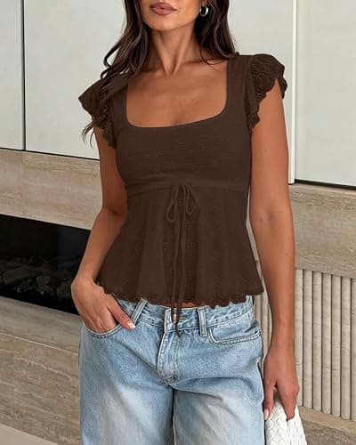 BAIGRAM Women Floral Flowy Babydoll Peplum Tops Y2K Cap Sleeve Ruffle Tank Square Neck Lace Up Layered Crop Shirt Going Out thumbnail 5