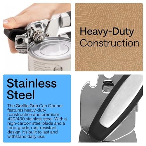 GORILLA GRIP Heavy Duty Stainless Steel Smooth Edge Manual Can Opener and Bottle Openers, US Designed, Soft Comfortable Handle, Oversized Handheld Turn Knob, Multifunctional Kitchen Tool, Black thumbnail 3