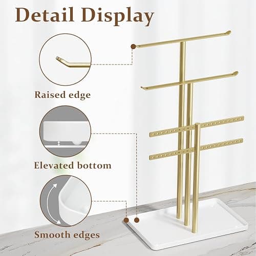 Jewelry Stand Organizer, 37CM Tall Sturdy Metal, 3-Tier Jewelry Holder for Necklace, Earring, Bracelet, Ring, Hanger for Display and Storage, Aesthetic Room Decor, Gold Jewlery Stand with White Tray thumbnail 7