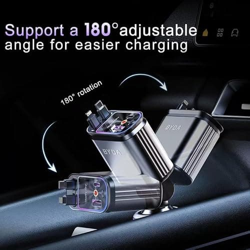 4 in 1 Retractable USB C Car Charger,69W with Starry Light,Fast Charging for iPhone 16/15/14/13/12,iPad,Android,Galaxy,Pixel,Cigarette Lighter Adapter (ForLightning+USB-C) - Lightning+USB-C - Grey thumbnail 6