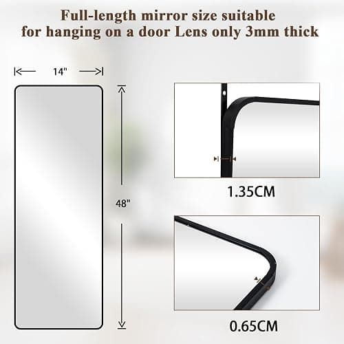 VooBang 14"x48" Full Length Over The Door Mirror - Aluminum Alloy Frame Full Body Mirror with Height-Adjustable Hangers, Hanging Leaning Against Wall for Dorm, Black thumbnail 6