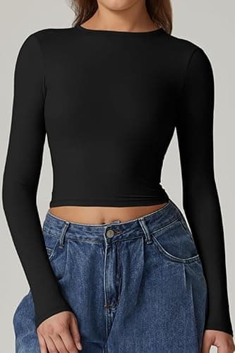 QINSEN Women's Crew Neck Open Back Long Sleeve Basic Crop Tops Stretch Backless Going Out Tee Shirt thumbnail 2