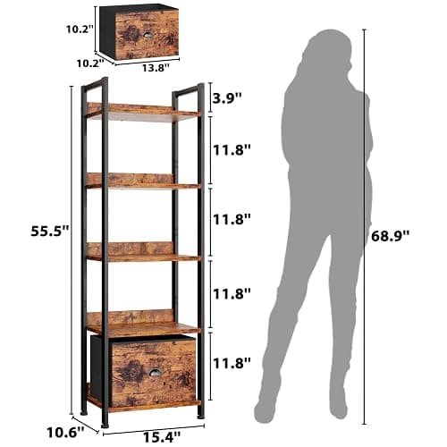 Furologee 5 Tier Bookshelf with Drawer, Tall Narrow Bookcase with Shelves, Wood and Metal Bookshelves Storage Organizer, Industrial Display Standing Shelf Unit for Bedroom, Living Room, Rustic Brown thumbnail 3