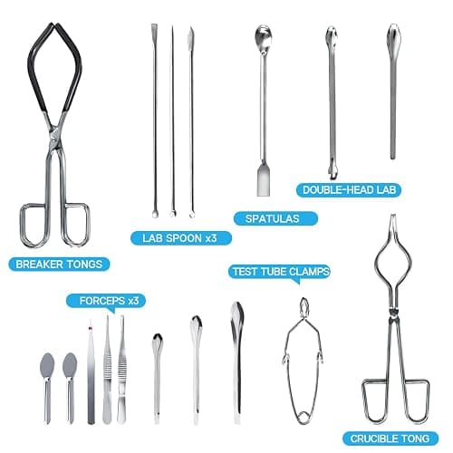 Scientific Lab Tools Pack for Basic Starter, Chemistry Set - Crucible Tongs Lab Spatula Scoop U-Shape Spoon Test Tube Clamps Stainless Steel Forceps Tweezers thumbnail 3