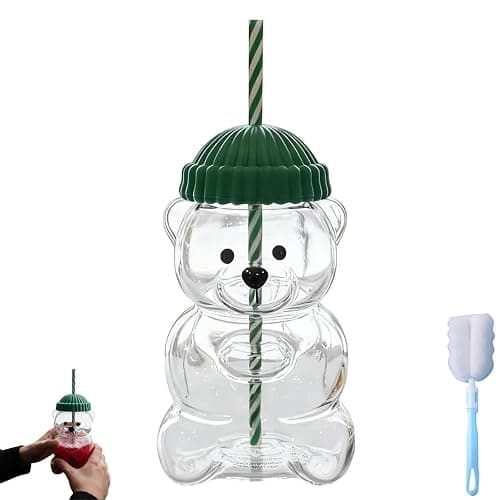 2025 New Bear Straw Cup, Cute Bears Glass Cup with Straw, 20oz Reusable Glass Tumbler with Lid for Iced Coffee, Milk Tea, and Cocktails, Dishwasher Safe (green) - Image 1