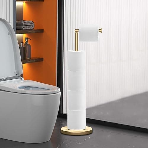 RRM Toilet Paper Holder Stand, Bathroom Free Standing Toilet Paper Holder with Reserve Storage 3-4 Toilet Paper Rolls (Golden) thumbnail 2