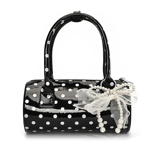 Polka Dot Purse Retro Crossbody Barrel Bag with Pearl Bow Mini PU Leather Top Handle Shoulder Handbag for Women - Image 1