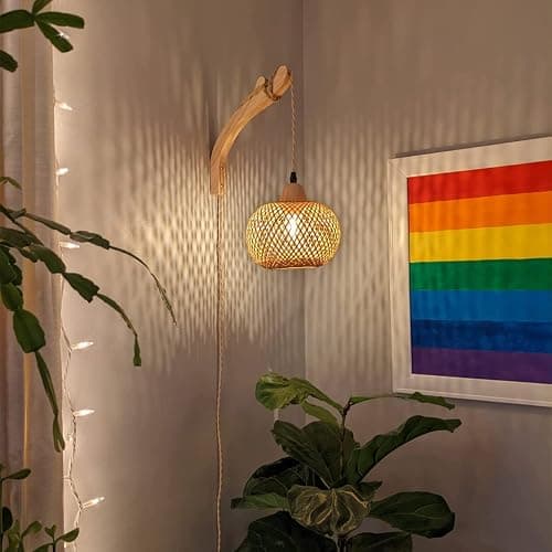 Frideko Bamboo Lantern Plug in Wall Sconces Wicker Wall Lamp with Plug in Cord Hand Woven Rattan Wall Light Farmhouse Rustic Wall Sconces Boho Sconces Wall Lighting for Living Room Bedroom thumbnail 2
