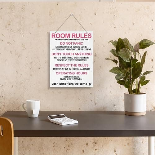 Wooden Room Rules Plaque, Funny & Cute for Teen Girls' Bedroom, Pink Wall Decor & Birthday Gift thumbnail 2
