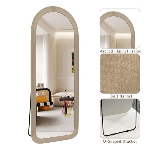 NEUWEABY Full Length Mirror 56"x20" Arch Floor Mirror with Stand Arched Full Body Mirror Standing Hanging or Leaning Against Wall for Bedroom Flannel Wrapped Wooden Frame Milk Tea thumbnail 6