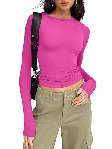 Trendy Queen Womens Long Sleeve Shirts Fall Fashion 2025 Basic Crop Tops Going Out Workout Outfits Y2k Clothes - Small - Hot Pink