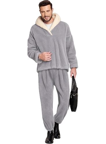 Peaceglad Mens Fluffy Coral Fleece Pajamas Set Pullover Pants Loose Plush Warm Loungewear Sleepwear thumbnail 2