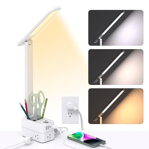 Addtam LED Desk Lamp with Pen Holder, Study Lamps with 3 Outlets 4 USB Charging Ports(2 USBC), 3 Color Modes Desk Light Touch Lamp, Small Desk Lamps for Home Office College Dorm Room Essentials - Image 1