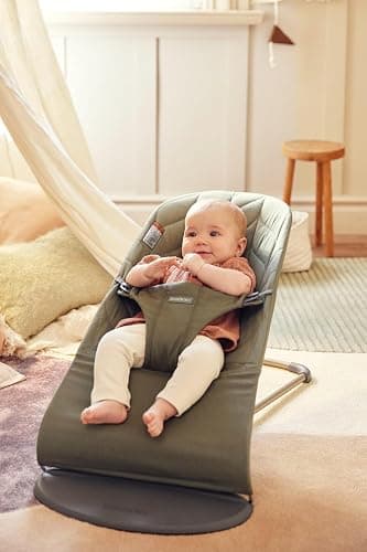 BabyBjörn Bouncer Bliss, Dark Green, Woven, Petal Quilt | 2-in-1 Adjustable Baby Bouncer Seat and Toddler Chair, Newborn to Toddler (8-29 lbs), 4 Positions, Lightweight & Portable - Dark Green - Cotton, Petal Quilt thumbnail 2
