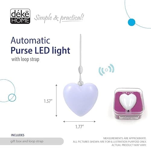 Deke Home - Heart Shaped Purse Light, Motion Sensor LED Handbag Lamp, Auto On Off Mini Travel Accessory for Backpack, Shoulder Bag, Crossbody, Tote, Night Use, Perfect for Concerts & Events thumbnail 2