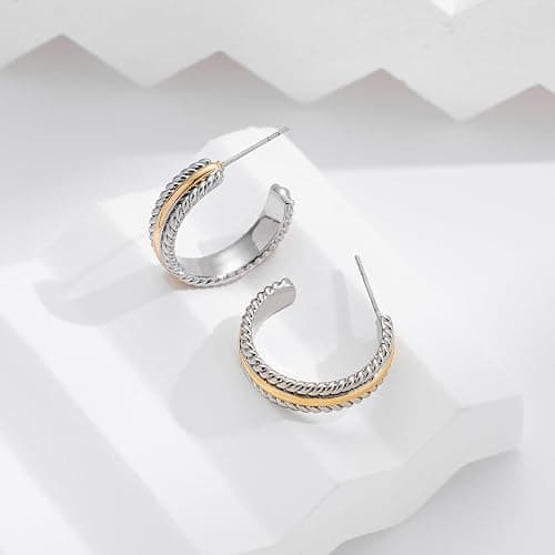 VEDAIM Gold and Silver Mixed Metal Earring Two Tone Studs Earrings for Women Chunky C Hoop Earrings Fashion Jewelry thumbnail 5