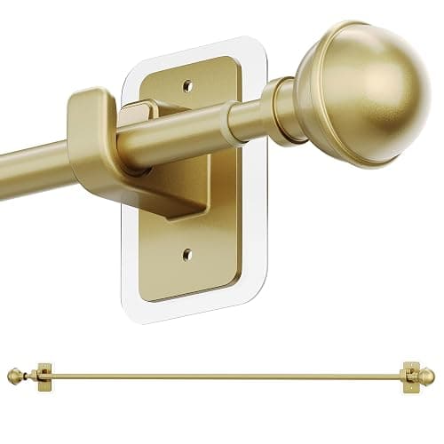 ENJOYBASICS No Drill Curtain Rods for Window 48 to 84 Inches, 5/8 Inch Diameter Renter Friendly Drapery Rod with Adhesive Brackets without Drilling, Adjustable from 27 to 90 Inches, Gold - Image 1