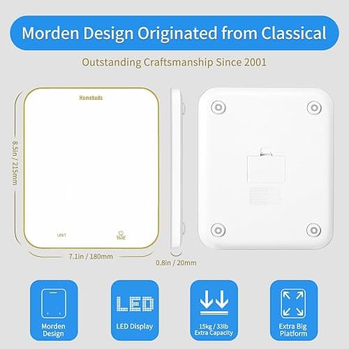 Homebuds 33lb Digital Kitchen Scales in 1g, High Precision Assured by Scales Kitchen Professional Factory SINCE 2001, Food Scales for Cooking and Baking, LED, 3*AAA, White by Golden Line thumbnail 2