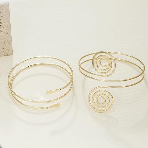 BOMAIL 2Pcs Gold Arm Cuff Bracelets Set for Women Open Adjustable Upper Arm Bangles Coil Swirl Armlet Armband Set Minimalist Upper Arm Cuff Jewelry for Women thumbnail 4