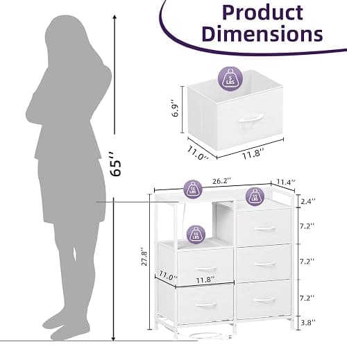 Somdot White Nightstand with Charging Station and LED Light, Wide 5 Drawers Dresser for Bedroom with Fabric Bins and Open Shelf for Bedroom Kids Closet Dorm Guest Room, White Leather thumbnail 3