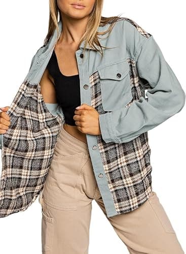 SHEWIN Womens Oversized Denim Jacket Casual Long Sleeve Button Down Plaid Shacket Boyfriend Jean Jacket With Pockets thumbnail 8