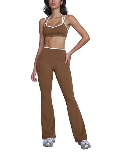ABOCIW Workout Sets for Women 2 Piece Color Block Strappy Sports Bra High Waist Flare Leggings Gym Yoga Pilates Outfits thumbnail 7