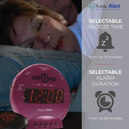 Sonic Alert Sonic Bomb Dual Alarm Clock with Bed Shaker, Pink Vibrating Alarm Clock for Heavy Sleepers, Battery Backup | Wake with a Shake thumbnail 5
