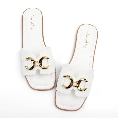 FancyRing Women's Flat Sandals Metal Chain Slip On Dressy Slide Sandals Square Toe Summer Casual Beach Vacation H-Band Sandals thumbnail 6