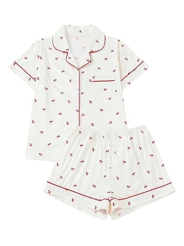 BEAUDRM Women's Two Piece Pajama Sets Allover Print Short Sleeve Sleepwear Button Down Shirt and Bow Shorts Pj Set Loungewear - Image 1