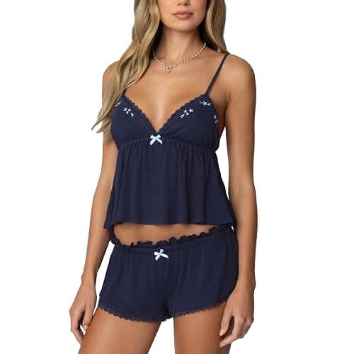 RUEWEY Women's Y2K Lace Pajamas Set 2 Piece Lounge Set Sleeveless V Neck Cami Tops Lace Trim Shorts Sleepwear - Image 1
