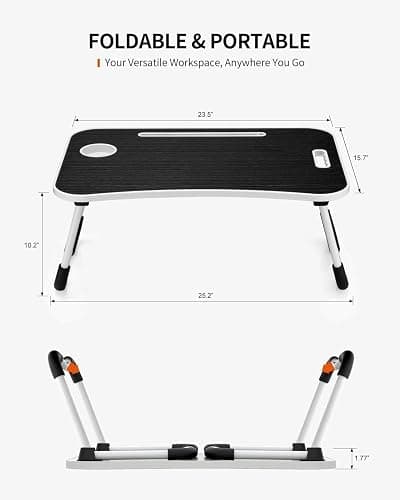 FISYOD Foldable Laptop Table, Portable Lap Desk Bed Table Tray, Laptop Stand with Cup Holder & Tablet Slot & Lifting Handle for Working Writing Drawing & Eating (Black Grain) thumbnail 2