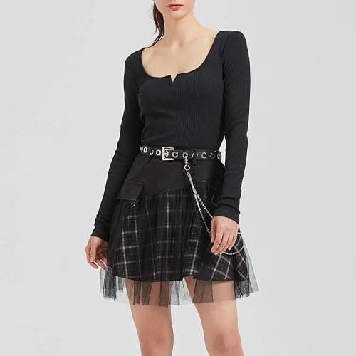 PUNK RAVE DAILY Women Gothic Skirts Women Goth Mini Plaid Skirt with Tulle Punk Dunk High Waist A-Line Party Skirt thumbnail 2