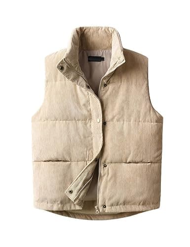 Fhniepan Womens Corduroy Puffer Vest Sleeveless Stand Collar Zip Up Snap Lightweight Jacket Padded Gilet Outerwear - Image 1