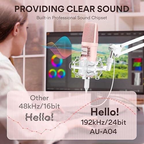MAONO USB Microphone, 192kHz/24bit Plug & Play PC Computer Podcast Condenser Cardioid Metal Mic Kit with Professional Sound Chipset for Recording, Gaming, Singing, YouTube, AU-A04 Pink thumbnail 2