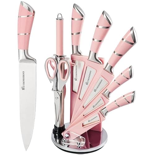 Kitchen Knife Set, Retrosohoo 9-Pieces Pink Sharp Non-Stick Coated Chef Knives Block Set,Stainless Steel Knife Set for Kitchen with Sharpener for Cutting Slicing Dicing Chopping (Pink) - Image 1