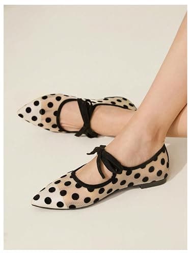 BEAUDRM Women's Polka Dots Mesh Ballet Flats Cute Lace Ballerina Flats | Closed Toe, Square Maryjane Flat, Dressy Casual Work Shoes, Leopard, Lace, Floral, Wedding thumbnail 2