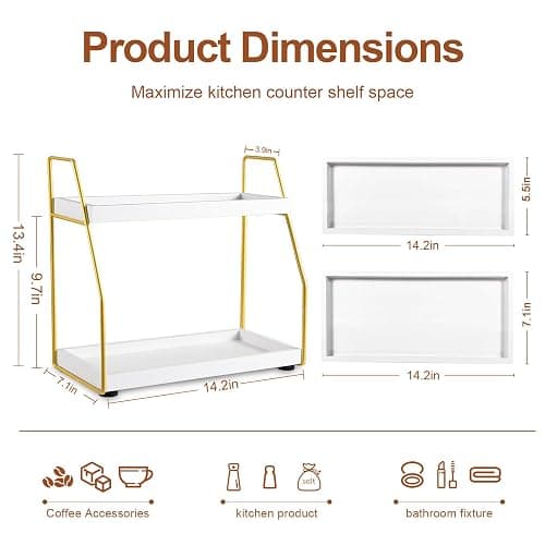 Coffee Bar Accessories,Coffee Station Organizer with Multi-Functional,CoffeeBar Decor for Accessories,2 Tier Wooden Shelf Gold Metal Station Organizer for Countertop,Syrup thumbnail 3