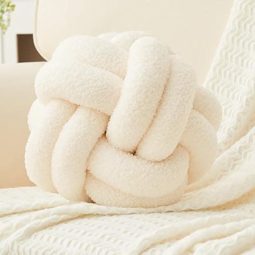 Lokaluo Knot Pillows Ball Decorative Throw Pillows for Couch Bed Sofa Living Room 2 Cord Aesthetic Round Cute Plush Pillows Home Decor,woolwhite 11inch - Image 1