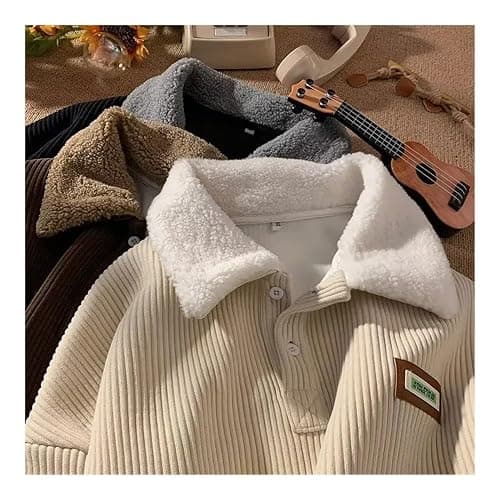 ITAMCO Oversized plus velvet padded corduroy button-down sweatshirt pullover warm contrasting polo hoodie(Brown,Medium) thumbnail 4