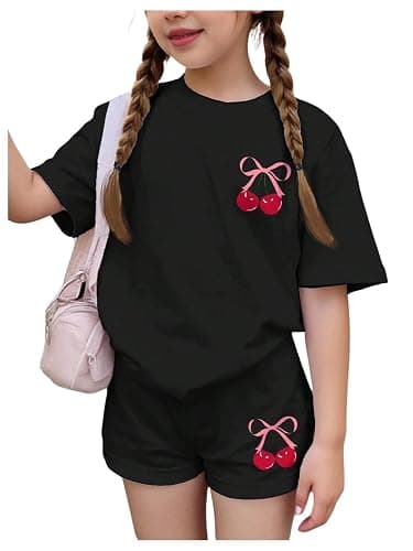 RoseSeek Girl's 2 Piece Outfits Cherry Bow Graphic Tee Shirt and Shorts Set Cute Summer Outfits - Image 1