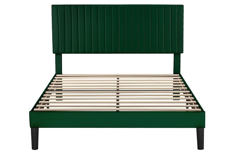 Allewie Queen Bed Frame, Velvet Upholstered Platform Bed with Adjustable Vertical Channel Tufted Headboard, Mattress Foundation with Strong Wooden Slats, Box Spring Optional, Easy Assembly, Green thumbnail 9